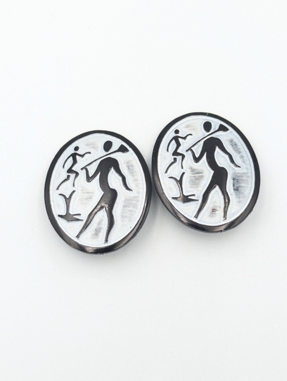 Vintage Western Germany African figures oval white and black clip on earrings
